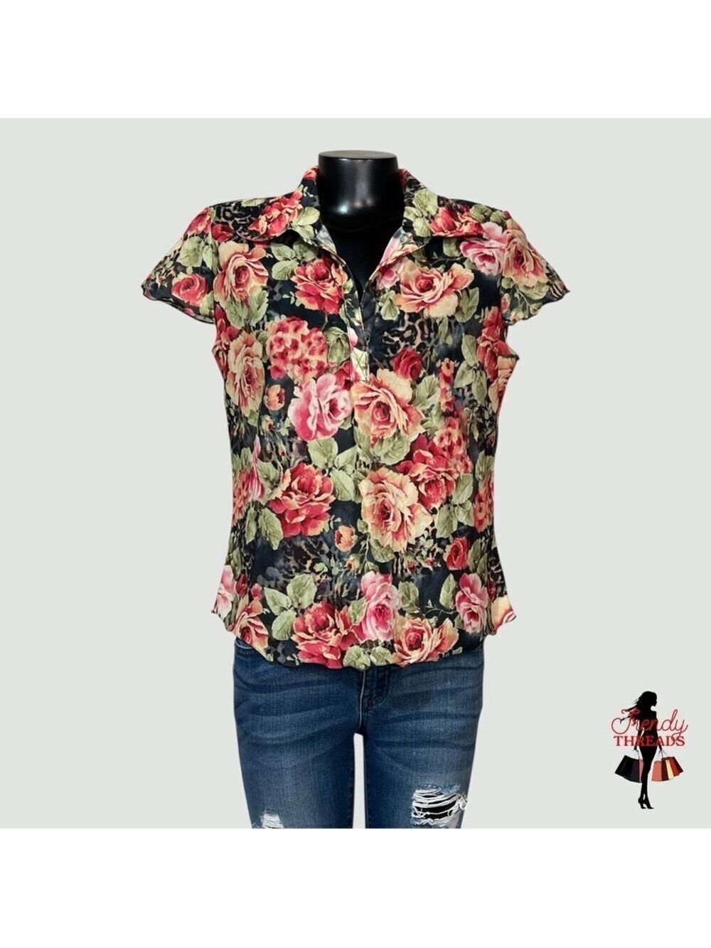 Harlow Vintage Tee MEDIUM Floral Semi-Sheer Blouse T-Shirt Collared Short Sleeve